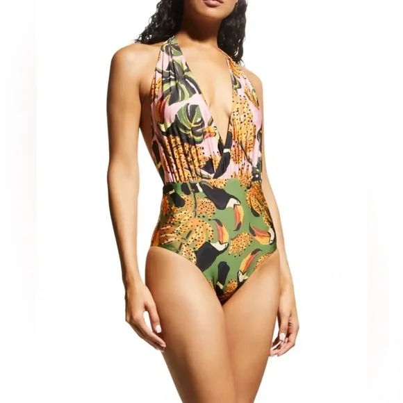 FARM RIO One Piece Swimsuit Toucananas Plunge Halter Bathing Suit Tropical NWT - Picture 1 of 9